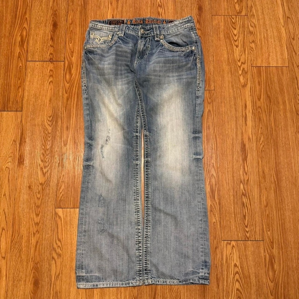 Rock Revival Men's Jeans Bootcut Nelson Light Wash Y2K Crest Distressed 34x32